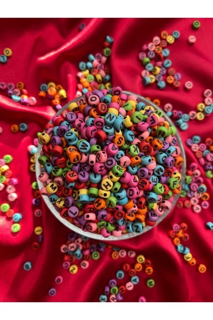 50 gr Mixed Color Matte Round Letter Beads with Black on Top, Letter Jewelry Beads, (350-375 PIECES)