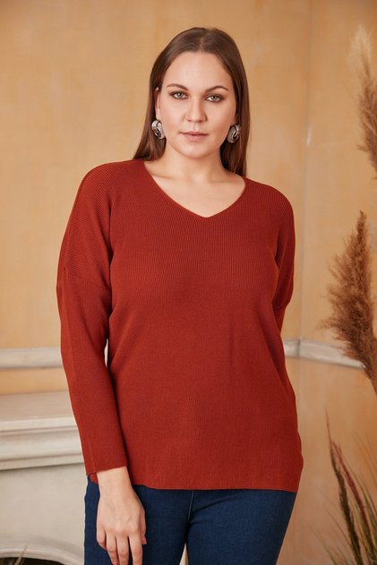 V Yaka Büyük Beden Taba Triko Kazak