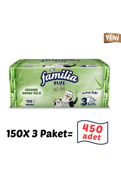 450 adet 3 paket Plus Natural Çek Al Mendil 150li (3 PAKET X 150 YAPRAK)