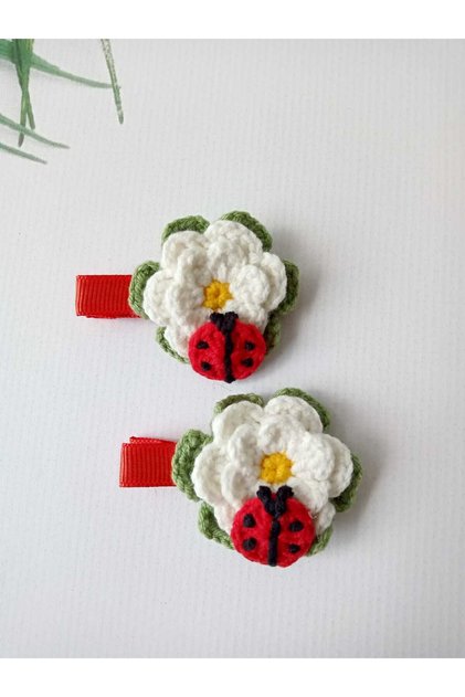 Ladybug's Daisy Love 2-Piece Clip Hair Clip with Red Gorgren Ribbon Detail