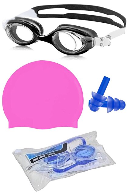 Swimming Goggles Set + Earplugs + Latex Cap and Special Luxury Bag Silicone Glasses
