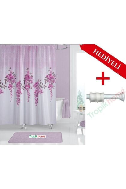 Fuşya Banyo Perdesi 180x200cm Askı Hediyeli Banyo Duş Perdesi, Pembe Renk Sümbül Banyo Perdesi