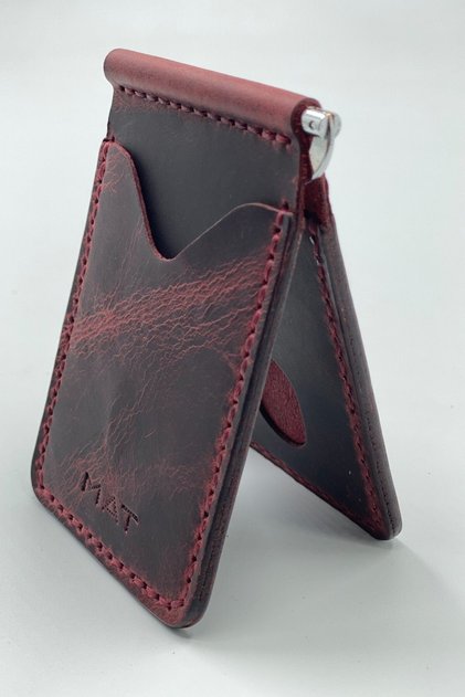 Burgundy Genuine Leather Money Clip Wallet & Card Holder Hand Stitched Slim Card Holder