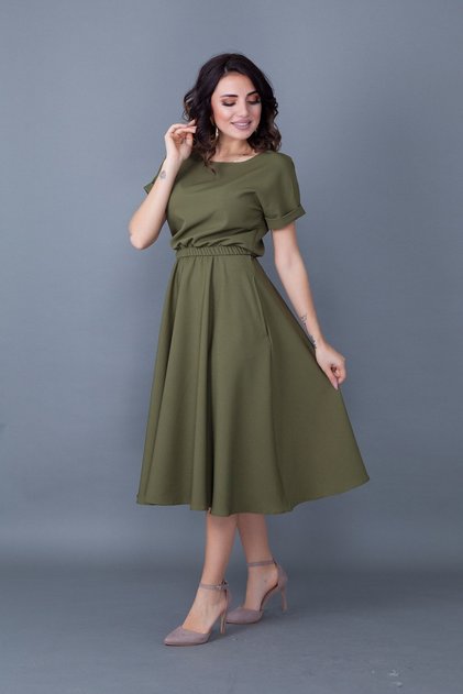 Women's Khaki Elastic Waist Pocketed Batwing Sleeve Midi Dress