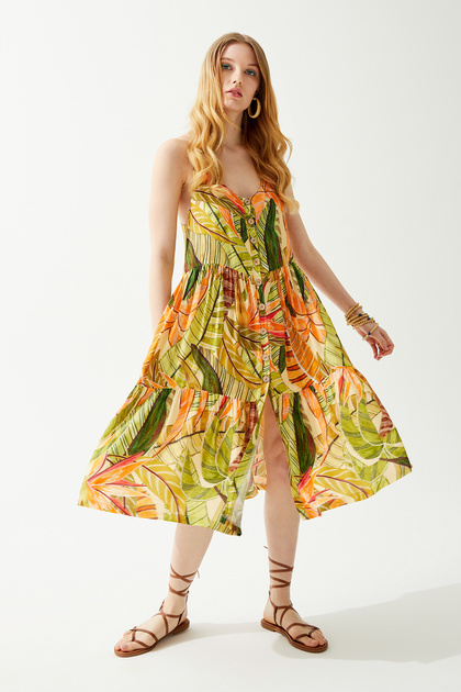 Front Buttoned Slit Detail 100% Viscose Woven Fabric Midi Length Summer Dress Beachwear Resortwear