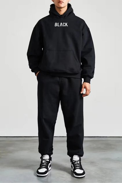 Men's Black Printed Hooded Sweatshirt Top and Bottom Set)