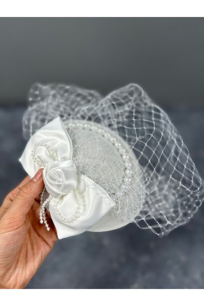 Pearl Detailed Bow Design Bridal Cap Costume Hat White