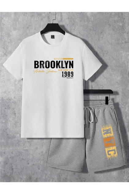 Brooklyn New York Boston White T-Shirt Gray Shorts - T-Shirt with Shorts Bottom Top Set Printed Crew Neck