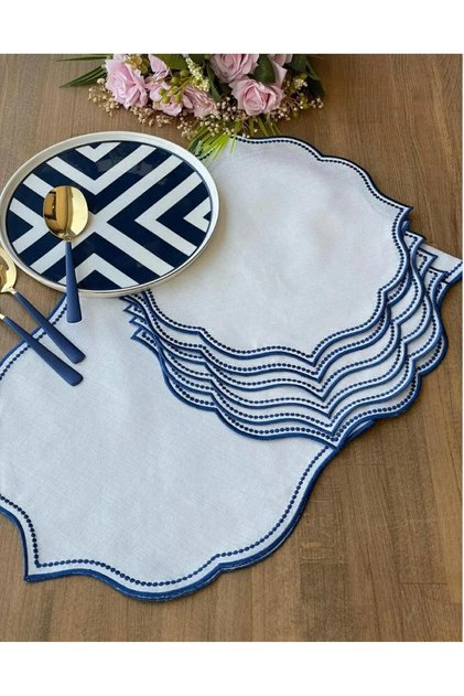 Carved Navy Blue 7 Piece Runner & Cup Set