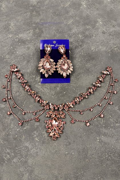 Ahu Model Tasseled Bridal Henna and Wedding Hair Jewelry Drop Earrings Set Pink