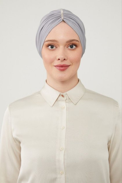 Women's Hijab Stone-Embellished Outer Bonnet Light Gray