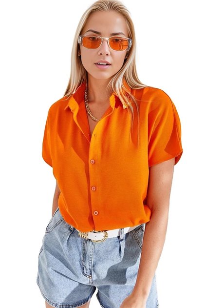 Women's Orange Oversize Bat Short Sleeve Linen Shirt with Buttons