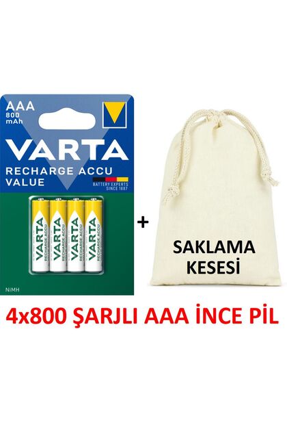 56613 ŞARJ EDİLEBİLİR VALUE 800mAh AAA İNCE PİL+SAKLAMA KESESİ HEDİYE