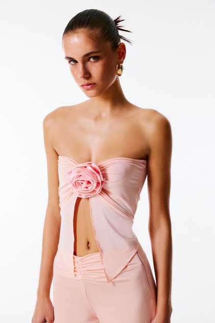 Lalıta Gül Detaylı Straplez Üst (PASTEL PEMBE)