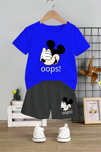 Children's Suit Crew Neck Elastic Shorts Oops! Written Mickey Printed 2 Piece Set 12449