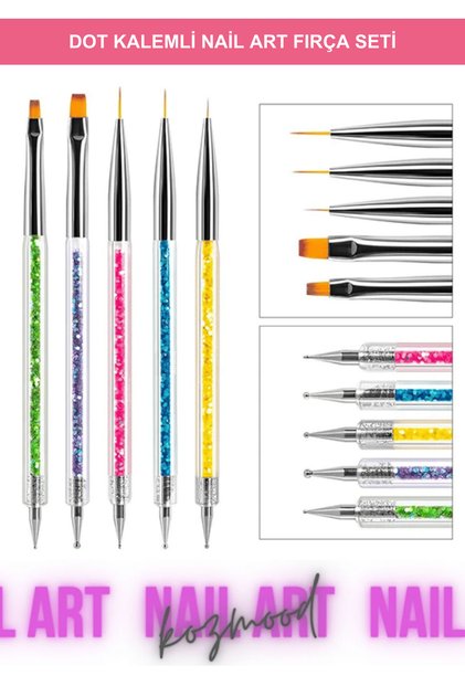 Tırnak Desen Fırçası + Dot Kalemi 5li | Kalıcı Oje, Protez Tırnak Nail Art Fırça Seti 2181