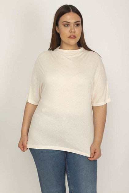 Women's Large Size Bone High Collar Viscose Blouse 65n26224