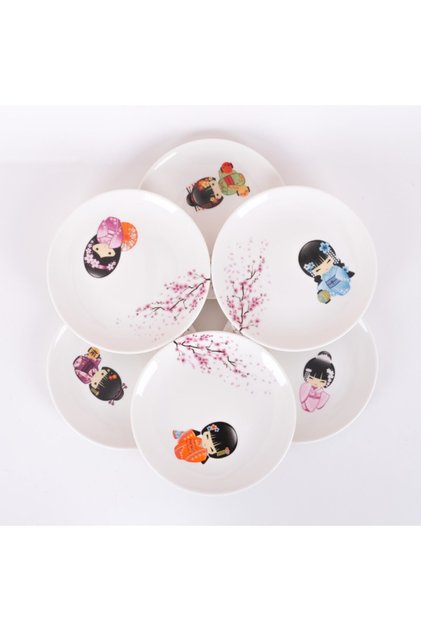 6-Piece Kokeshi Baby Patterned Colorful Sweet Plate Set