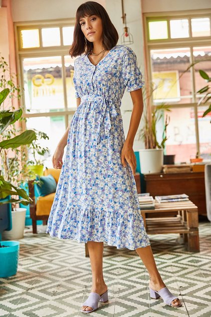 Women's Indigo Buttoned Belted Sleeve Detailed Woven Viscose Dress ELB-19001524