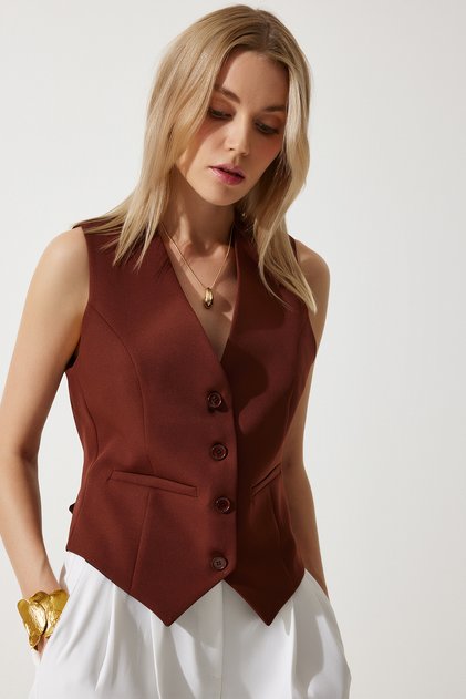 Women's Brown Body-Sitting Short Woven Vest To00048