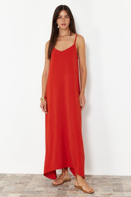 Rochie maxi țesută cu decolteu în V și croială dreaptă TWOSS24EL00995