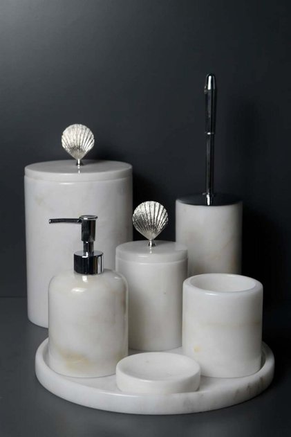 7-Piece White Marble Bathroom Set with Silver Lid