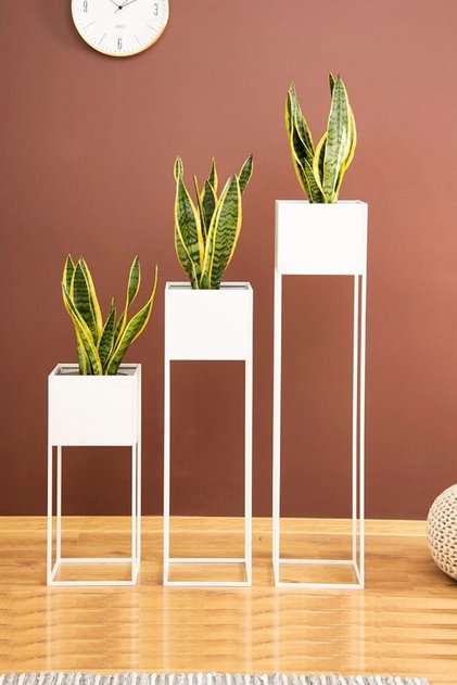Dekoratif Beyaz Çiçek Saksı - Metal 3'lü Set Ayaklı Saksılık