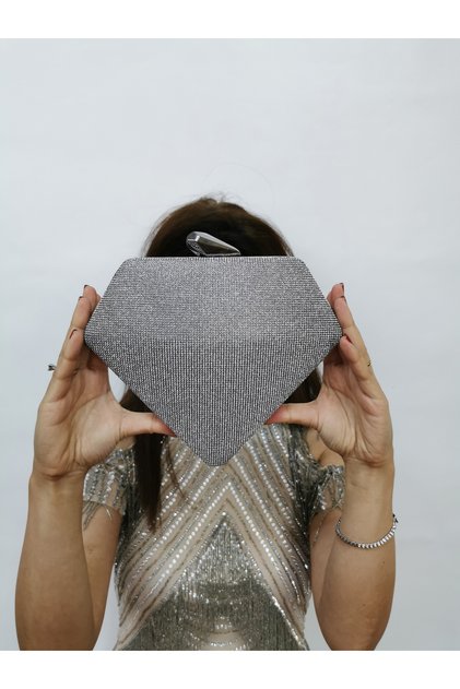 Women's Big Stone Look Platinum Evening Clutch Chain Strap Handheld Wedding Engagement Night Shoulder Bag