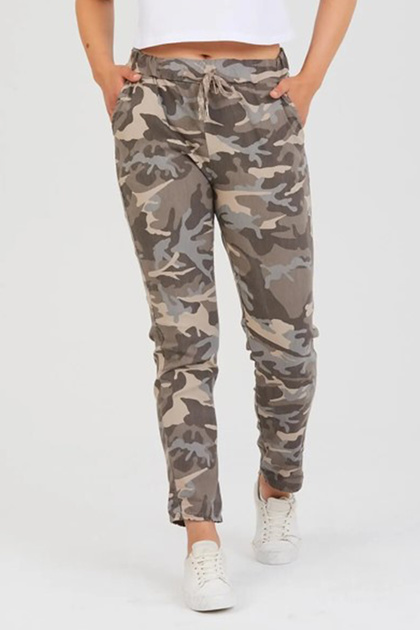 Women's Italian Mink Waist-Tie Camouflage Patterned Lycra Skinny Leg Pants