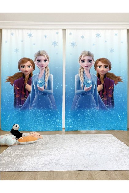 Blue Elsa Anna Patterned Children's & Baby's Room Background Curtain