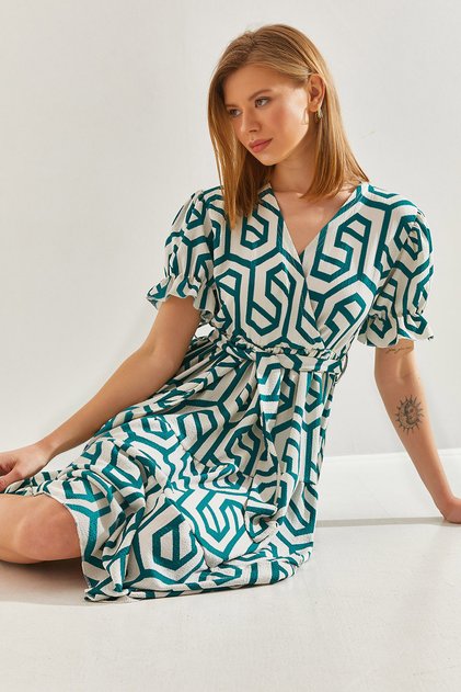Women's Green Double-Breasted Collar Elastic Waist Belted Flared Dress 60211015