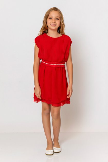 Girl's Round Neck Belted Pleated Dress