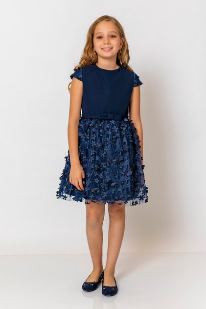 Girl's Short Sleeve Belted Floral Tulle Evening Dress