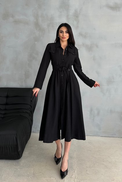 Black Belted Linen Midi Dress