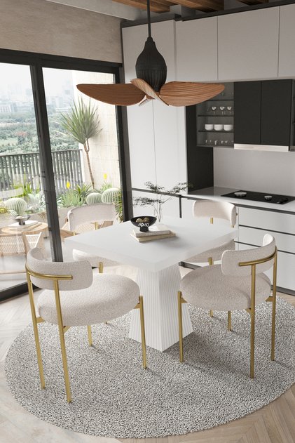 ARONA Beyaz Lake MDF Ayak 90x90 Yemek Masası Mutfak Masası 4 Kişilik Masa Takımı Teddy Sandalye