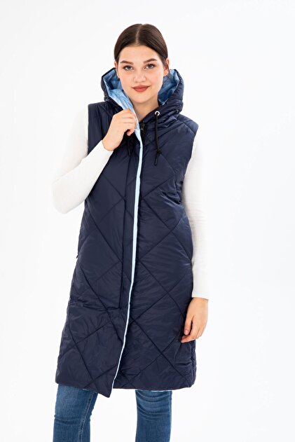 G-FOX Kadın Uzun Sabit Kapşonlu Dolgulu Çift Taraflı Kapitone