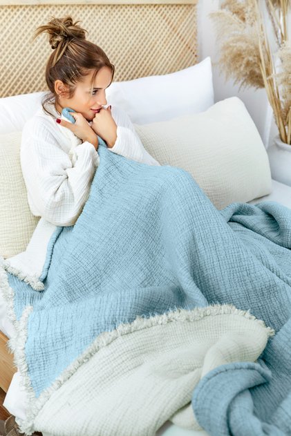 Bebe Mavi 6 Kat Müslin Tek Kişilik 170x230 Yorgan/1 Adet 50x70cm Yastık Kılıfı 6 Katlı Multi Muslin