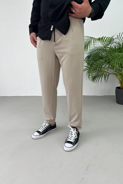 Men's Cream Boyfriend Fabric Pants Relaxed Fit Pleated Double Leg Jogger