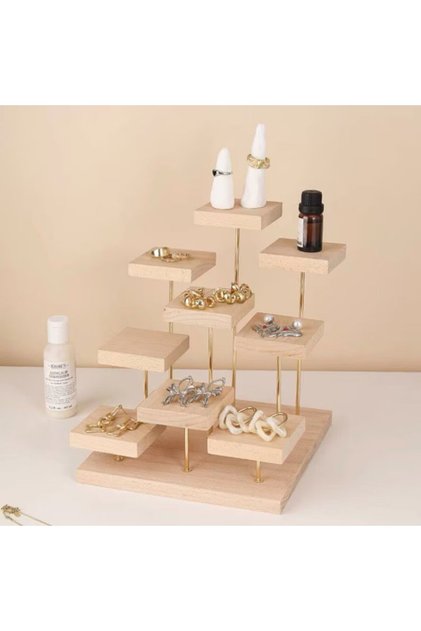 Wooden Jewelry Display Stand, 9-Layer Display Podium, Earring Ring Display Stand