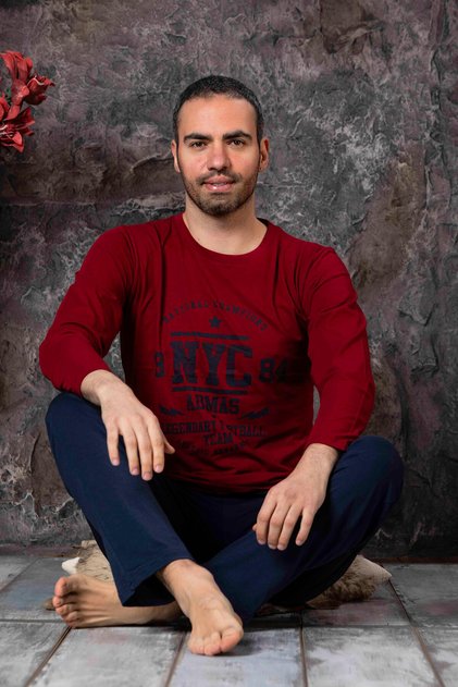 Men's Crew Neck Front Printed Pajama Set