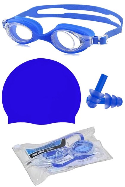 Swimming Goggles Set + Earplugs + Latex Cap and Special Luxury Bag Silicone Glasses