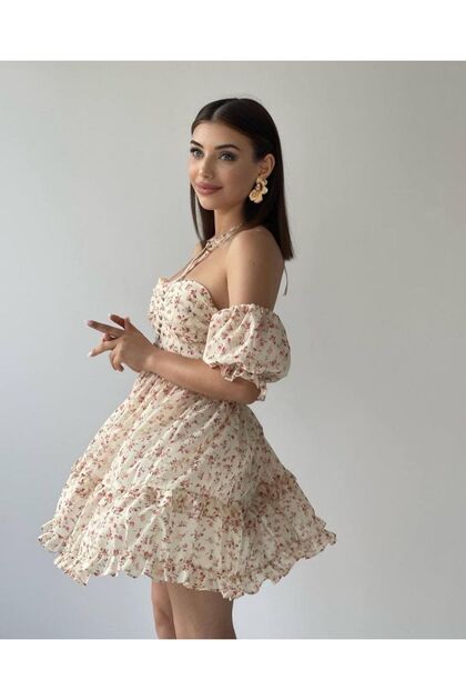 MELEK KOSTAK Women's Cream Pink Floral Print Off-Shoulder Skirt Flounced Chiffon Princess Dress- Trendyol MELEK KOSTAK Women's Cream Pink Floral Print Off-Shoulder Skirt Flounced Chiffon Princess Dress- Trendyol
