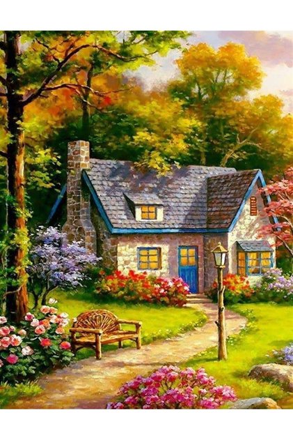 Ormanda Ilkbahar Evi Elmas Mozaik Tablo 45x55cm