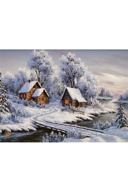 Karlı Dere Kenarında Ahşap Kulübeler Elmas Mozaik Tablo 70x50cm