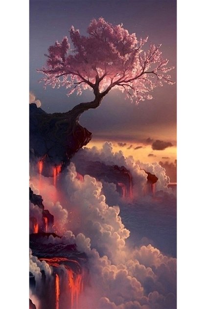 Gökyüzünde Pembe Ağaç Ve Bulutlar Elmas Mozaik Tablo 25x51cm