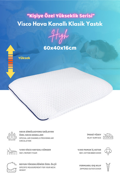 Classic Visco Orthopedic Pillow with Air Channel and Neck Support (High), 60X40X16Cm. White-Dark Blue
