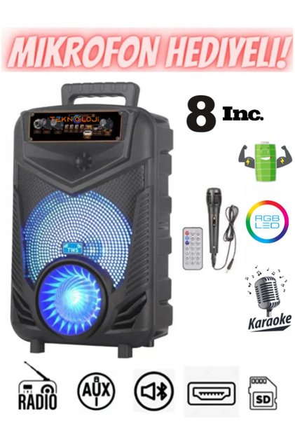 Kablosuz Hoparlör 8 inç Büyük Boy Bluetooth Speaker Karaoke Mikrofon Işıklı Parti FmRadyo Aux Sd Usb