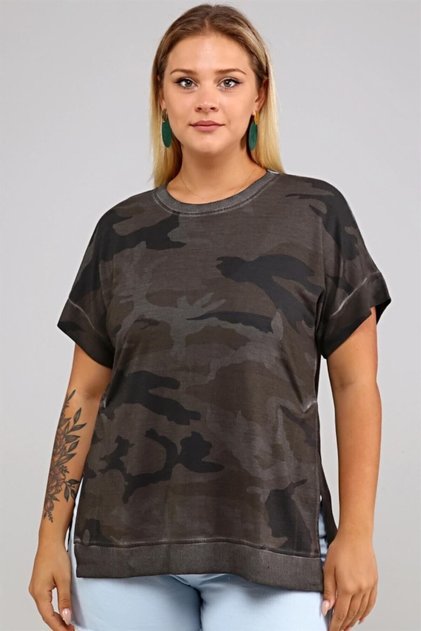 Camouflage Printed Side Slits Oil Wash Tshirt-anthracite