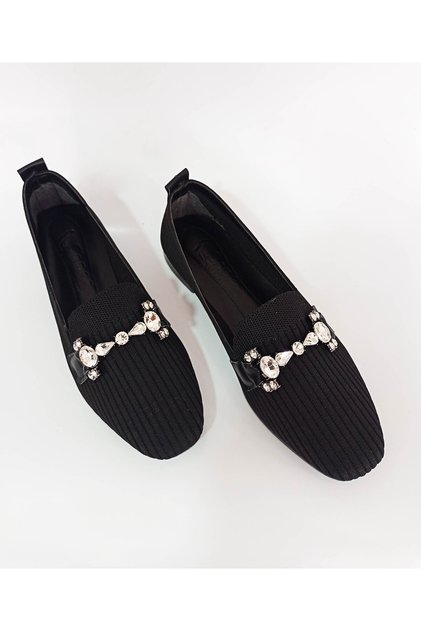 Black Knitted Flat Sole Embellished Women's Ballet Flats Flats with Rhinestones