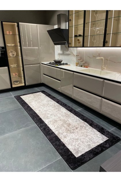 Geometrik Çizgili Lateks Deri Taban Saçaksız Mutfak Halısı - Bej - Siyah